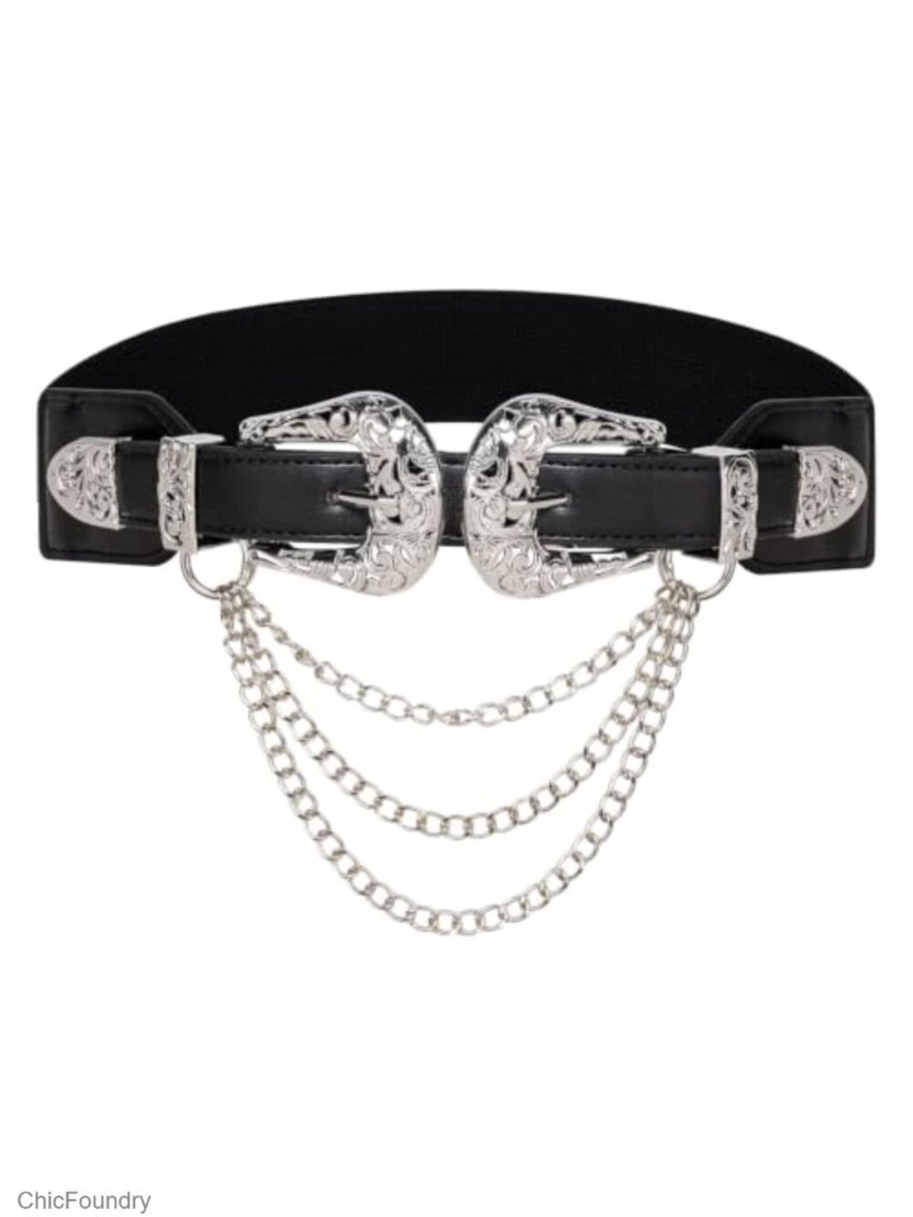 Vintage Double Buckle Leather Stretch Waist Belt with Chain